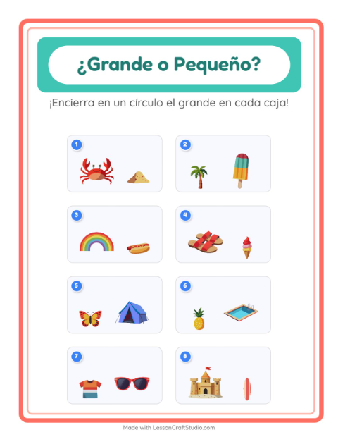 Vista previa de la hoja de Grande O Pequeño con Verano para preescolar