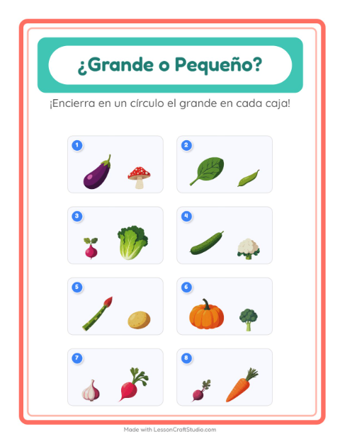 Vista previa de la hoja de Grande O Pequeño con Verduras para preescolar