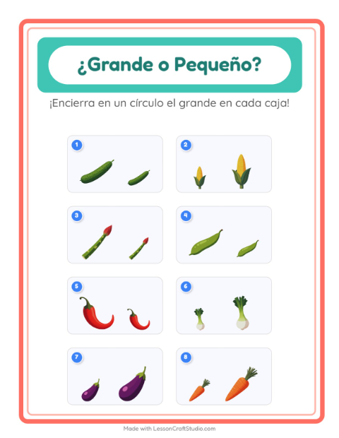 Vista previa de la hoja de Grande O Pequeño con Verduras para preescolar