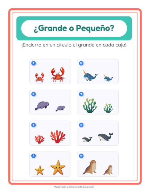 Vista previa de la hoja de Grande O Pequeño con Vida marina para preescolar