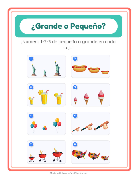Vista previa de la hoja de Grande O Pequeño con 4 de Julio para preescolar