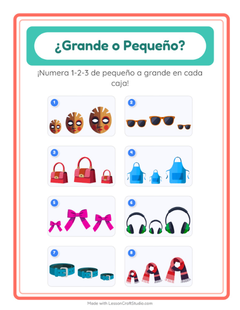 Vista previa de la hoja de Grande O Pequeño con Accesorios para preescolar