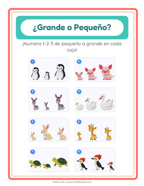 Vista previa de la hoja de Grande O Pequeño con Animales para preescolar