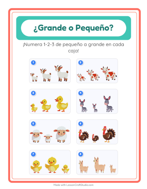 Vista previa de la hoja de Grande O Pequeño con Animales de granja para preescolar