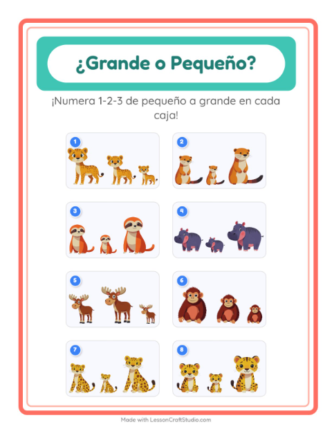 Vista previa de la hoja de Grande O Pequeño con Animales del zoológico para preescolar