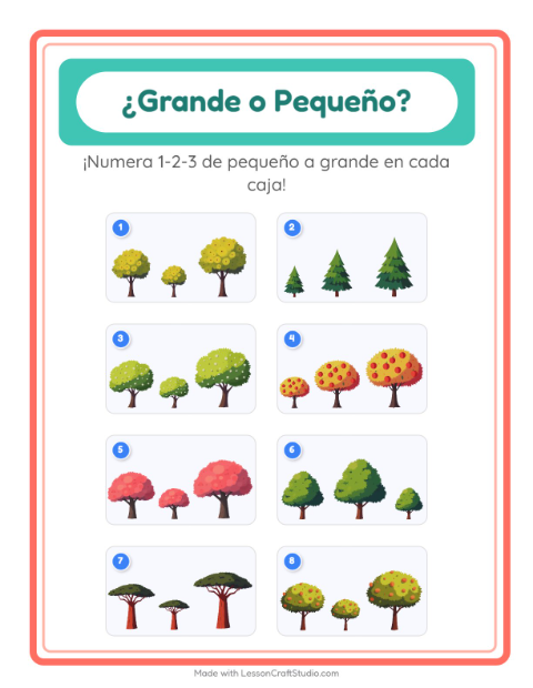 Vista previa de la hoja de Grande O Pequeño con Árboles para preescolar