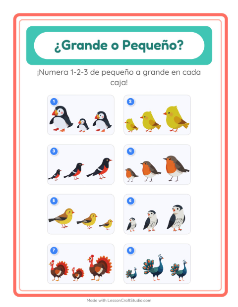 Vista previa de la hoja de Grande O Pequeño con Aves 2 para preescolar