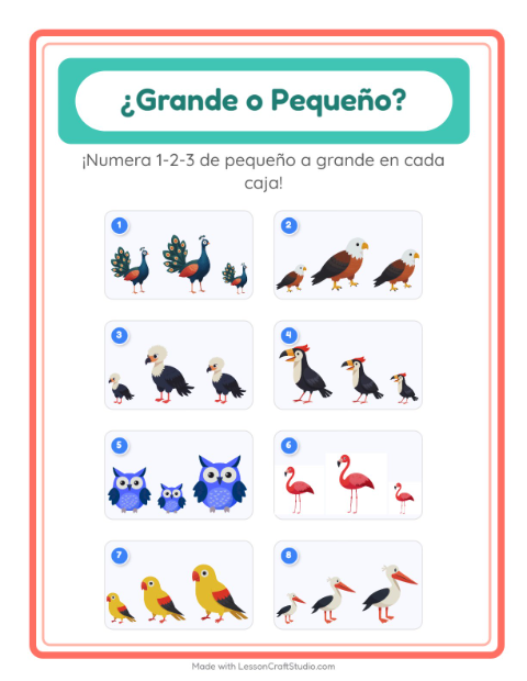 Vista previa de la hoja de Grande O Pequeño con Aves para preescolar