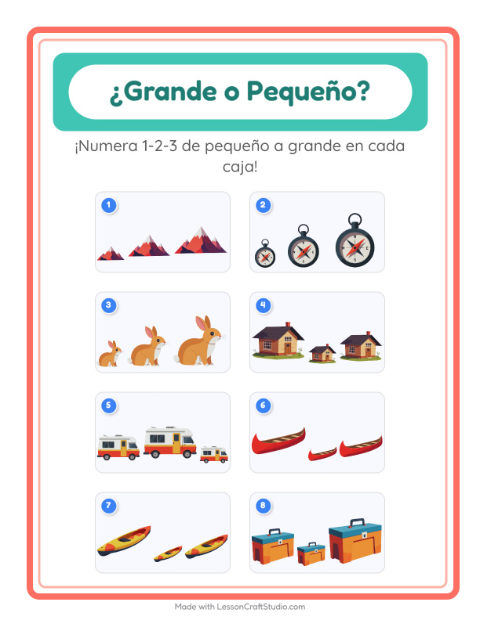 Vista previa de la hoja de Grande O Pequeño con Campamento para preescolar