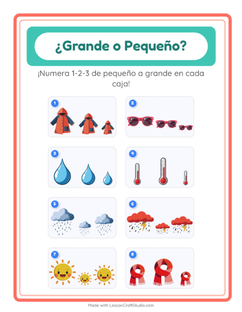 Vista previa de la hoja de Grande O Pequeño con Clima para preescolar
