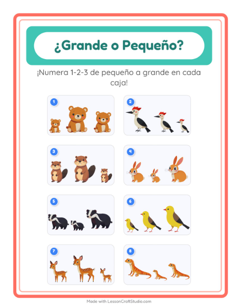 Vista previa de la hoja de Grande O Pequeño con Criaturas del bosque para preescolar