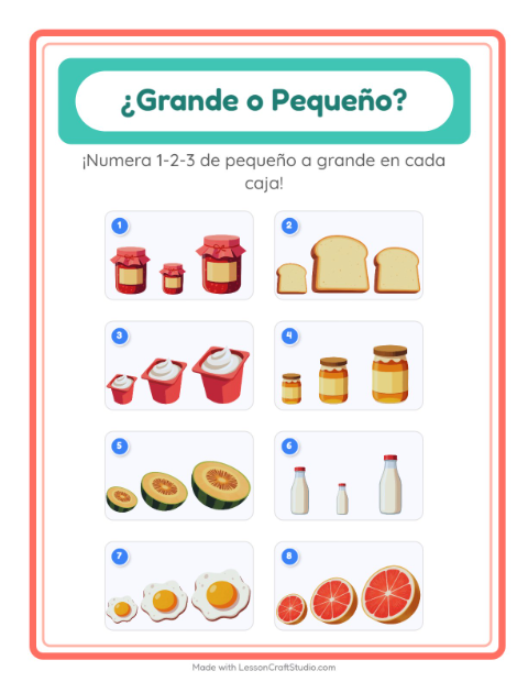 Vista previa de la hoja de Grande O Pequeño con Desayuno para preescolar