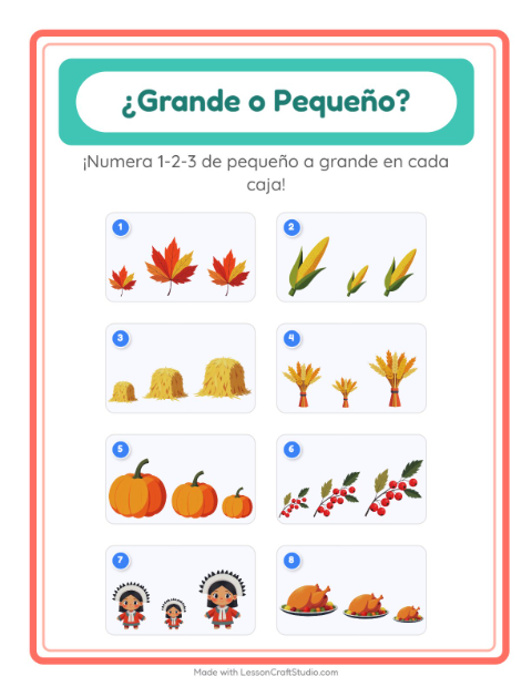 Vista previa de la hoja de Grande O Pequeño con Día de Acción de Gracias para preescolar