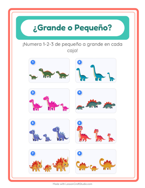 Vista previa de la hoja de Grande O Pequeño con Dinosaurios para preescolar