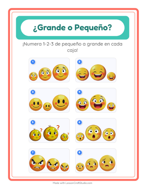 Vista previa de la hoja de Grande O Pequeño con Emociones para preescolar