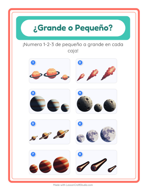 Vista previa de la hoja de Grande O Pequeño con Espacio para preescolar