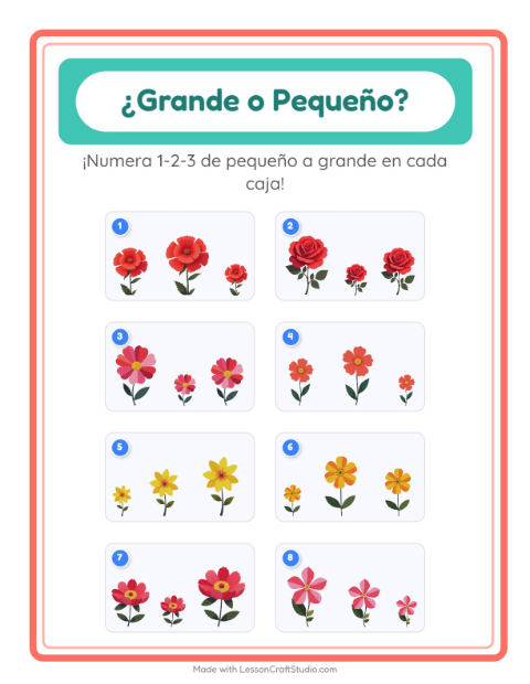 Vista previa de la hoja de Grande O Pequeño con Flores para preescolar