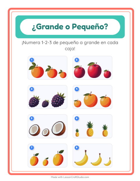Vista previa de la hoja de Grande O Pequeño con Frutas para preescolar