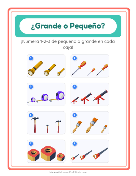 Vista previa de la hoja de Grande O Pequeño con Herramientas para preescolar