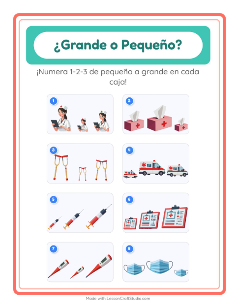 Vista previa de la hoja de Grande O Pequeño con Hospital para preescolar