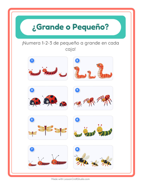 Vista previa de la hoja de Grande O Pequeño con Insectos y bichos para preescolar
