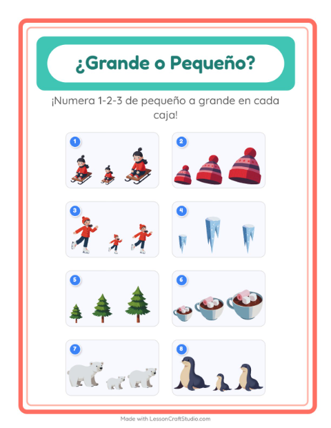 Vista previa de la hoja de Grande O Pequeño con Invierno para preescolar