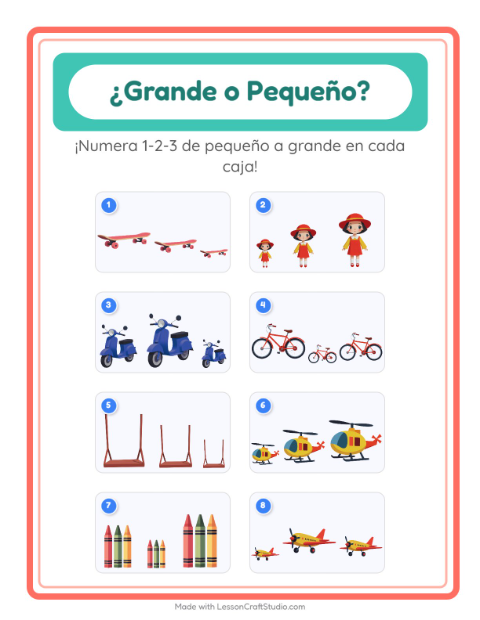 Vista previa de la hoja de Grande O Pequeño con Juguetes para preescolar