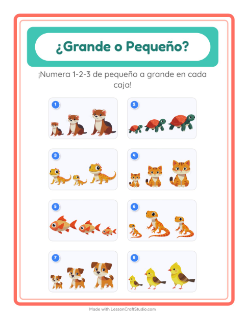Vista previa de la hoja de Grande O Pequeño con Mascotas para preescolar
