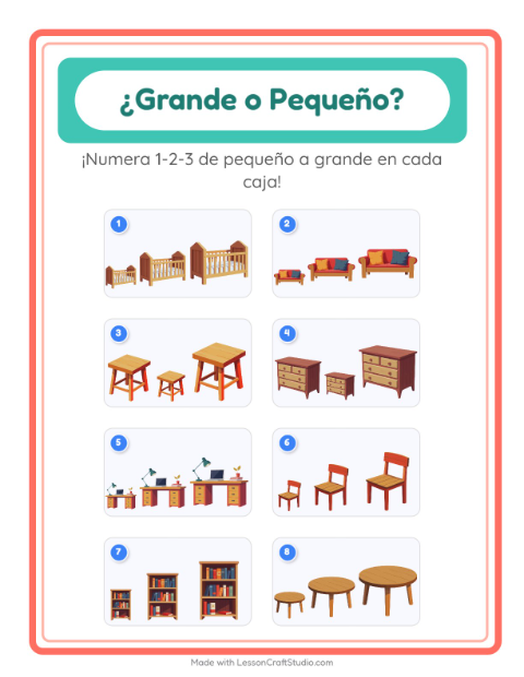 Vista previa de la hoja de Grande O Pequeño con Muebles para preescolar