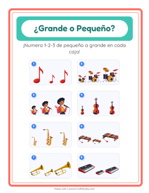 Vista previa de la hoja de Grande O Pequeño con Música para preescolar