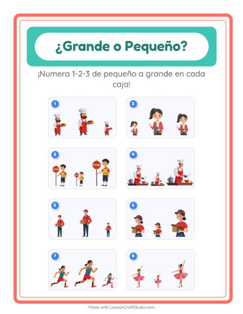Vista previa de la hoja de Grande O Pequeño con Ocupaciones para preescolar