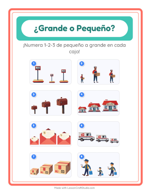 Vista previa de la hoja de Grande O Pequeño con Oficina de correos para preescolar