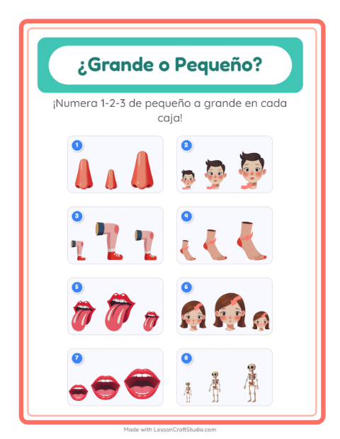 Vista previa de la hoja de Grande O Pequeño con Partes del cuerpo para preescolar