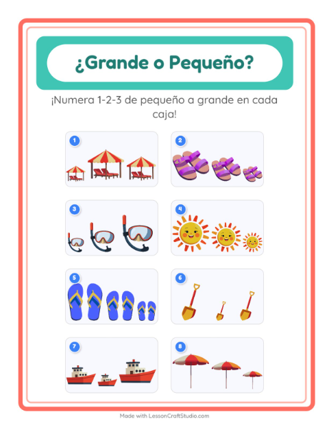 Vista previa de la hoja de Grande O Pequeño con Playa para preescolar