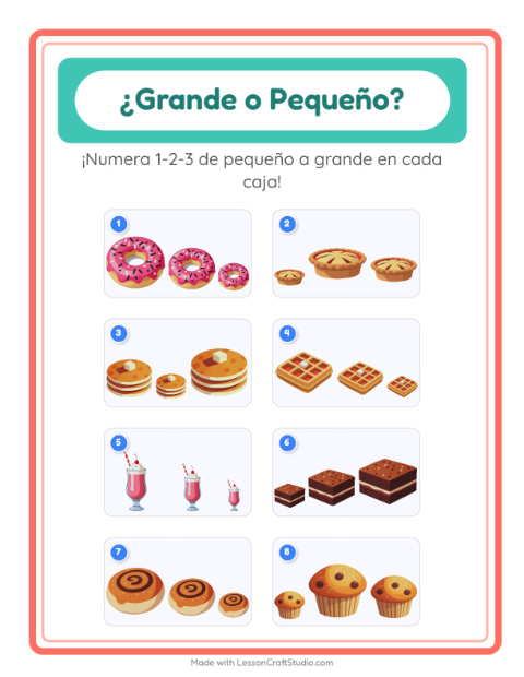 Vista previa de la hoja de Grande O Pequeño con Postres y dulces para preescolar