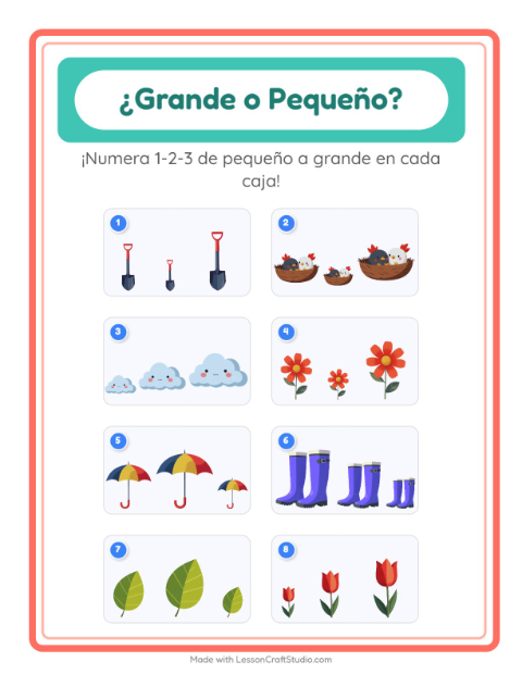 Vista previa de la hoja de Grande O Pequeño con Primavera para preescolar