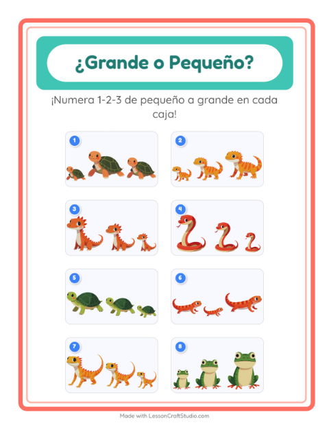 Vista previa de la hoja de Grande O Pequeño con Reptiles y anfibios para preescolar