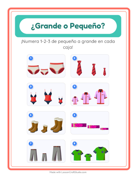 Vista previa de la hoja de Grande O Pequeño con Ropa para preescolar