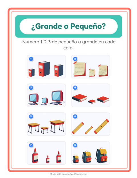 Vista previa de la hoja de Grande O Pequeño con Salón de clases para preescolar