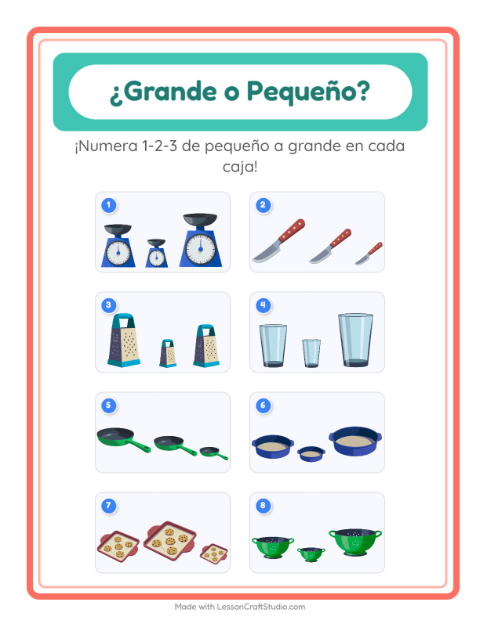 Vista previa de la hoja de Grande O Pequeño con Utensilios de cocina para preescolar