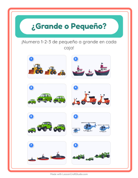 Vista previa de la hoja de Grande O Pequeño con Vehículos para preescolar