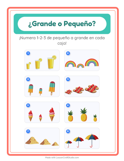 Vista previa de la hoja de Grande O Pequeño con Verano para preescolar