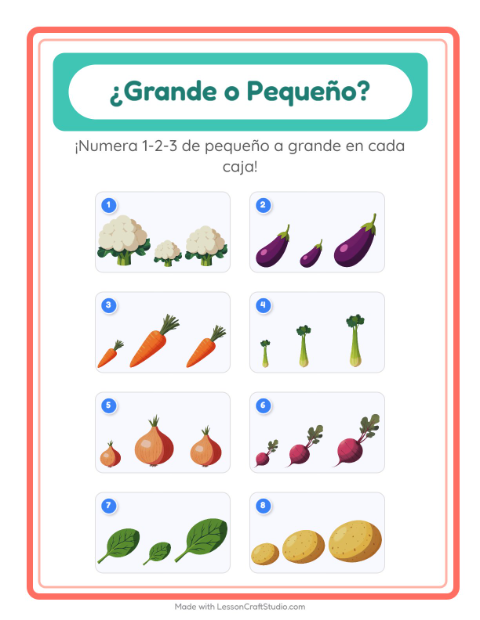 Vista previa de la hoja de Grande O Pequeño con Verduras para preescolar