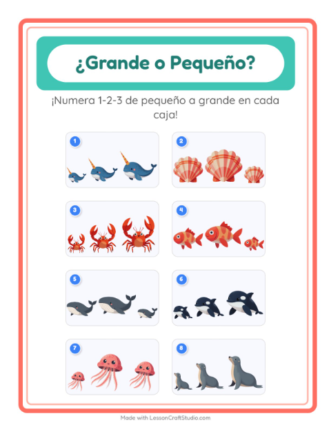 Vista previa de la hoja de Grande O Pequeño con Vida marina para preescolar