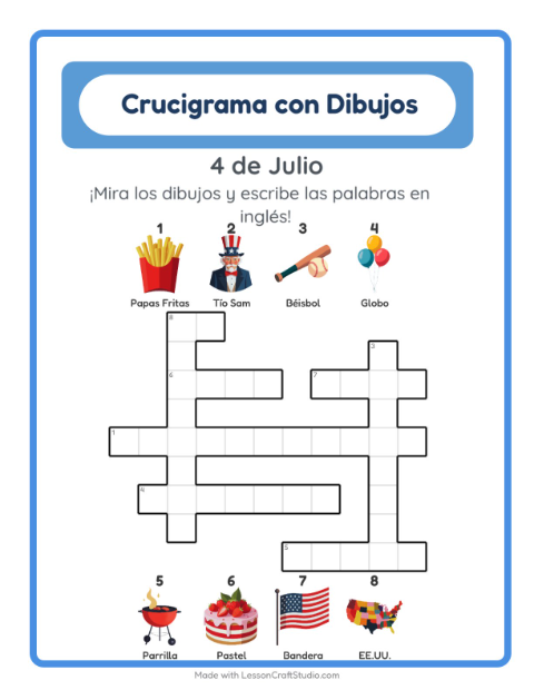 Vista previa de Aprender inglés: Cuatro De Julio – crucigrama para niños