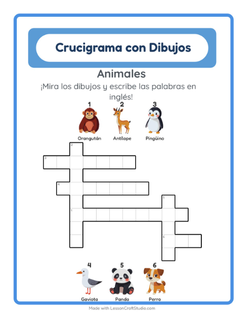 Crucigrama ilustrado en inglés – Animales