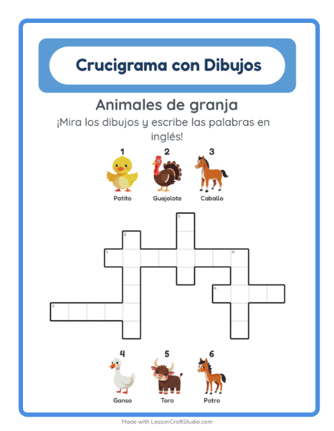 Crucigrama ilustrado en inglés – Animales De Granja