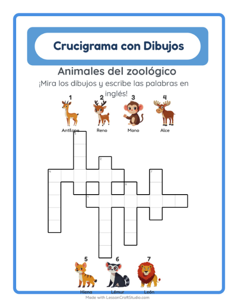Crucigrama ilustrado en inglés – Animales Del Zoológico