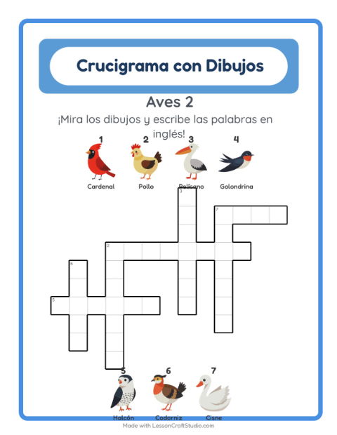 Crucigrama ilustrado en inglés – Aves 2