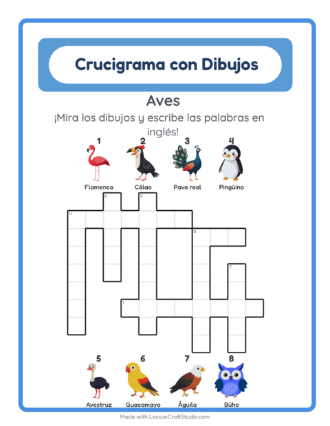 Crucigrama ilustrado en inglés – Aves